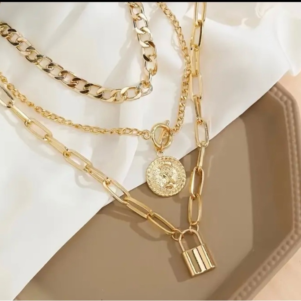 Gold Multi-Layer Chain Necklace with Pendant and Padlock